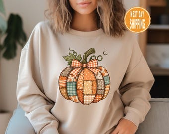 Pumpa Patchwork Sweatshirt Höstsäsongsvibbar Tröja Coquette Höstluvtröja Thanksgiving Dam