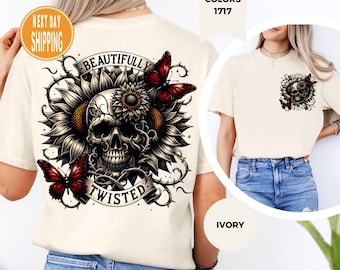 Comfort Colors Gothic Skeleton Shirt: Floral Skull, Sunflowers & Butterflies