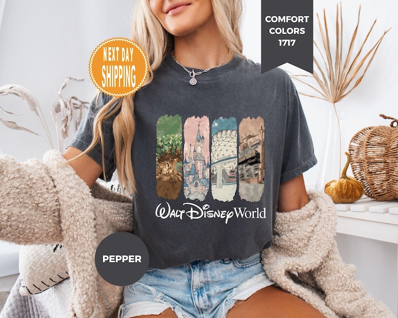 May include: Dark gray t-shirt with a colorful graphic of Walt Disney World park icons. The shirt features the text "Walt Disney World" in white. The shirt also has the text "Comfort Colors 1717" and "Pepper" on the shirt.