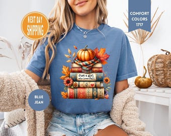 Gezellig herfst-T-shirt: boekenliefhebber comfortkleuren herfstshirt pompoenshirt