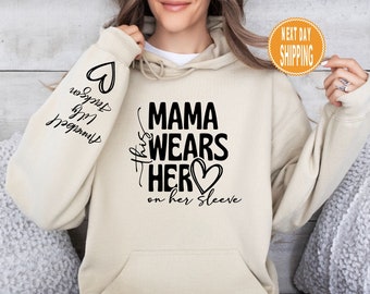 This Mama Wears Her Heart on Her Sleeve Hoodie, Personalized Mama Sweatshirt, Mother's Day Gift, Motherhood Hoodie, Mama Gift Sweatshirt