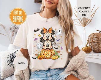 Camiseta de Halloween de Mickey y Minnie con colores cómodos, camiseta de la temporada de calabazas, camiseta de Disney de otoño