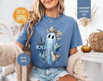 Komfortfarben Patchwork Blau Denim-Geist-Shirt : Halloween Tee