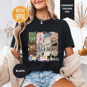 May include: Black t-shirt with a colorful graphic featuring various landmarks and the words "Walt Disney World." The shirt has a round neck and short sleeves. The words "Next Day Shipping" are in a circle on the top left.
