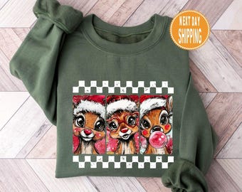 トナカイのブラシストロークスウェットシャツ、プレッピークリスマスパーカー、ホリデーアパレル、メリークリスマスセーター、アニマルクリスマス