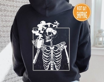 Hoodie met skelet drinkende koffie - trendy schedelprint op de achterkant