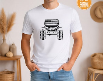 Camiseta todoterreno americana: Camiseta con la bandera de EE. UU. para vehículos 4x4 y para el bosque.