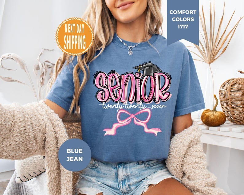 Comfort Colors Senior 2027 Shirt: Pink Bow Graduation Tee image 4