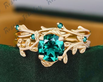 Anillo de compromiso de esmeralda verde de corte redondo único conjunto de anillo de boda de oro amarillo conjunto de anillos de ramita inspirados en la naturaleza conjunto de novias de piedras preciosas art déco