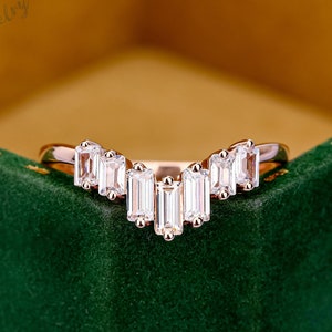 Baguette Cut Moissanite Wedding Band, Solid 14K Rose Gold Matching Stacking Ring, Curved Band, Promise Rings for Women Anniversary Gift