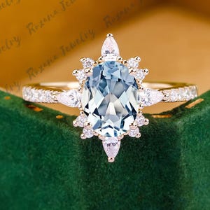 Vintage Natural Aquamarine Engagement Ring Unique Design Starbrust Solid Yellow Gold Ring Moissanite Cluster Ring Anniversary Gifts For Her