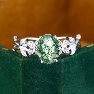 Oval Natural Green Moss Agate Engagement Ring For Women White Gold Ring Nature Inspired Leaf Promise Ring Unique Anniversary Gift For Her