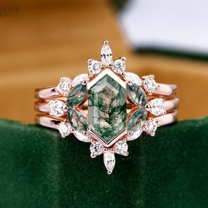 Hexagon Cut Moss Agate Engagement Ring Set Vintage Rose Gold Moissanite Engagement Set Marquise Enhancer Wedding Ring Set Anniversary Gift