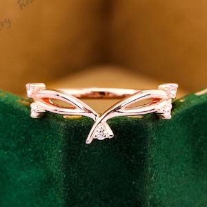 Art Deco Moissanite Wedding Band Solid Rose Gold Unique Curved Band Matching Stacking Band Bridal Promise Ring Anniversary Gift for Her
