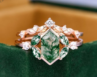 Unique Hexagon Natural Moss agate Wedding Ring Set Vintage Rose Gold Engagement Ring Set Moissanite Bridal Ring Set Women Anniversary Gift