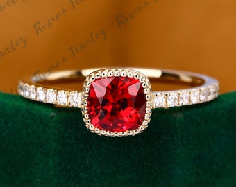 1Ct Cushion Cut Ruby Wedding Engagement Bridal Rings For Women 14k Yellow Gold Dainty Ring, Missanite Ring, Promise Ring, Anniversary Gift