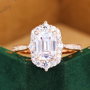 Solid Rose Gold Engagement Ring 2.0ct Emerald Cut Moissanite Ring for women Halo Art Deco Wedding Bridal Ring Handmade Ring Anniversary Gift