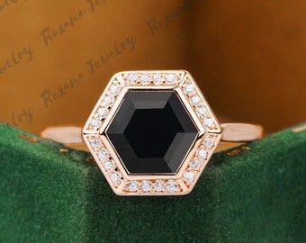 Anillo de compromiso de ónix negro natural de corte hexagonal, anillo de oro rosa de 14 k, anillo de racimo de moissanita, anillo de piedra preciosa negra, anillo de plata vintage de moissanita