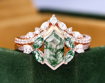 14K Rose Gold Natural Moss Agate Engagement Ring Set Art Deco Promise Ring Green Gemstone Anniversary Gift For Her Bridal Wedding Set