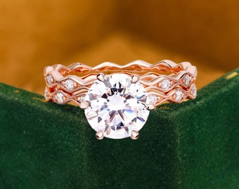 Forma redonda 2CT Moissanite anillo de compromiso conjunto único banda de boda de eternidad completa Art Déco nupcial conjunto regalos de aniversario para su anillo Art Déco