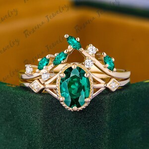 Oval Cut Green Emerald Engagement Ring Set 14k Solid Yellow Gold Rings for Women Vintage Wedding Band Art Deco Bridal Set Anniversary Gift