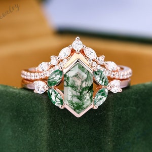 14K Rose Gold Natural Moss Agate Engagement Ring Set Art Deco Promise Ring Green Gemstone Anniversary Gift For Her Bridal Wedding Set