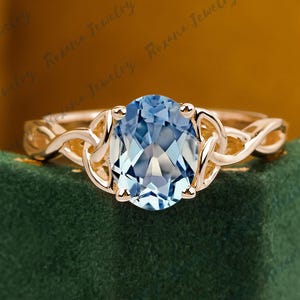 Oval Shape Natural Aquamarine Engagement Ring Solid Yellow Gold Ring Twist Ring Solitaire Bridal Ring Anniversary Gifts Handmade Ring
