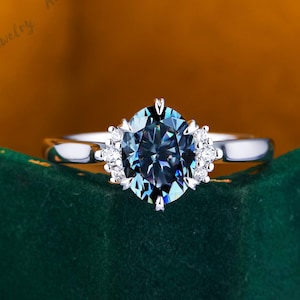 Oval Blue Grey Moissanite Engagement Ring Solid 14K White Gold Ring Unique Moissanite Cluster Ring Wedding Bridal Ring Anniversary Ring
