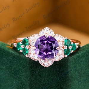 Unique Flower Design Solid Gold Ring Round Shape Natural Amethyst Engagement Ring Moissanite Cluster Ring Anniversary Gifts Halo Ring