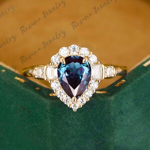 Lab Alexandrite Engagement Ring Solid Yellow Gold Ring Moissanite Cluster Ring Teardrop Change Color Stone Gemstone Ring Anniversary Gifts