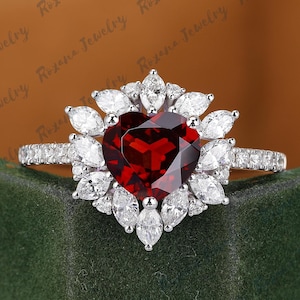 Unique heart shape red garnet engagement ring Solid white gold bridal ring Starburst ring Anniversary gift for wife Moissanite cluster ring