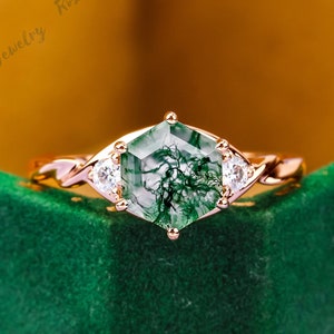 Hexagon Cut Natural Moss Agate Ring Vintage Gold Silver Engagement Ring Three Stone Ring Unique Twisted Band Gemstone Promise Ring for Women