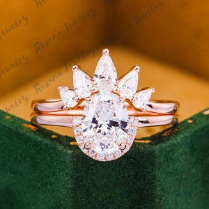 1.5CT Oval Moissanite Engagement Ring Set Solid 14K Rose Gold Ring Set Vintage Wedding Ring Marqusie Cut Art Deco Bridal Promise Ring Set