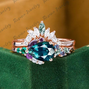 Pear Cut Teal Sapphire Gold Engagement Ring Sets Moissanite Cluster Wedding Band Emerald Moss Agate Bridal Sets Anniversary Gifts For Women