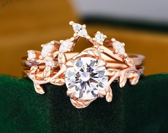 Round Moissanite Rose Gold Ring Set Nature Inspired Engagement Ring Leaf Vine Ring Set Unique Branch Solitaire Ring Wedding Anniversary Gift