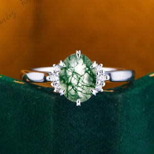 Oval Natural Green Moss Agate Engagement Ring For Women White Gold Ring Moissanite Cluster Ring Promise Ring Unique Anniversary Gift For Her