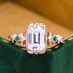 Vintage 2.0ct Emerald Cut Moissanite Ring Emerald Moissanite Accent Ring Solid K Gold Engagement Rings for Women Wedding Band Art Deco Ring