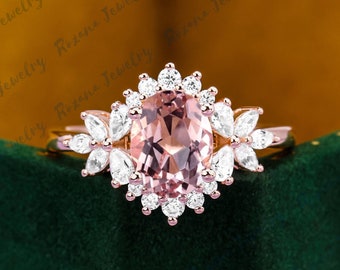 Art Deco Oval Shape Pink Morganite Engagement Ring Moissanite Cluster Ring Starbrust Bridal Ring Solid Gold Ring Anniversary Gifts for Her