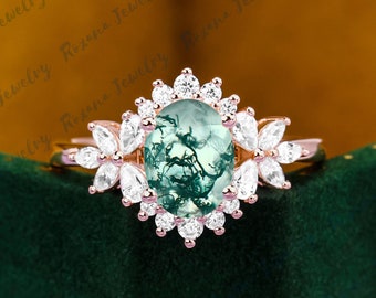Art Deco Oval Natural Moss Agate Solid 14k Rose Gold Engagement Ring Unique Moissanite Starburst Halo Cluster Ring Gemstone Rings For Woman