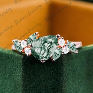 Unique Pear Cut Moss Agate Engagement Ring 14K Gold Vintage Cluster Marquise Moissanite Wedding Ring Promise Rings For Women Handmade Ring