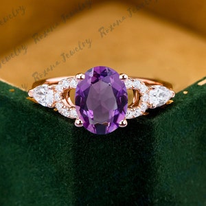 Natural Amethyst Engagement Ring Moissanite Cluster Ring Oval Cut Solid Rose Gold Ring Vintage Statement Ring Handmade Ring For Women