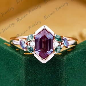 Long Hexagon Cut Alexandrite Engagement Ring Solid Rose Gold Anniversary Promise Ring Silver Art Deco Gemstone Cluster Ring For Women Gift