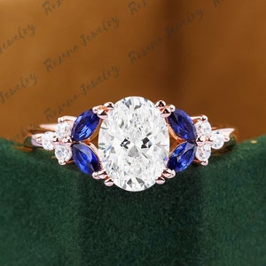 Oval 1.5CT Moissanite Solid Gold Engagement Ring Unique Blue Sapphire Moissanite Cluster Ring For Women Wedding Bridal Ring Anniversary Ring