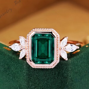 Emerald Engagement Ring Emerald Cut Solid 14K Gold Engagement Ring Cluster Ring Moissanite Bridal Ring Vintage Promise Ring Anniversary Gift