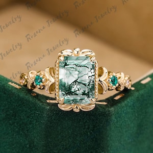 Natural Moss Agate Ring Emerald Cut Accent Engagement Rings Green Emerald Cluster Ring Anniversary Gifts Handmade Ring For Her Wedding Band