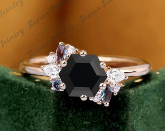 Unique Hexagon Cut Black Onyx Engagement Ring 14k Solid Rose Gold Alexandrite Ring Silver Moissanite Cluster Ring Anniversary Gift for Women
