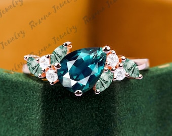 Birnenschliff Teal Sapphire Verlobungsring Vintage Marquise Moosachat Cluster Jahrestag Geschenke für sie Versprechen Ring Art-Deco-Edelsteinring