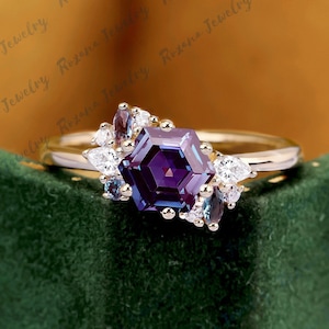Unique Hexagon Cut Alexandrite Engagement Ring 14k Yellow Gold Moissanite Cluster Ring Anniversary Gift Gemstone Ring Color Change Stone