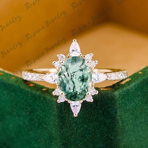 Oval Cut Natural Moss Agate Engagement Ring 14k Solid Yellow Gold Wedding Ring Moissanite Halo Ring Women Bridal Ring Anniversary Gift Ring