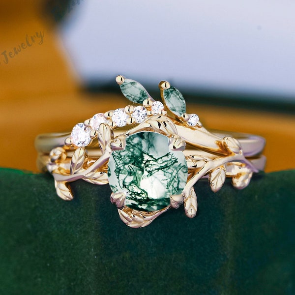 Unique Round Cut Natural Moss agate Engagement Ring 14K Yellow Gold Promise Ring Leaf Ring Nature Inspired Bridal Ring Set Anniversary Gifts